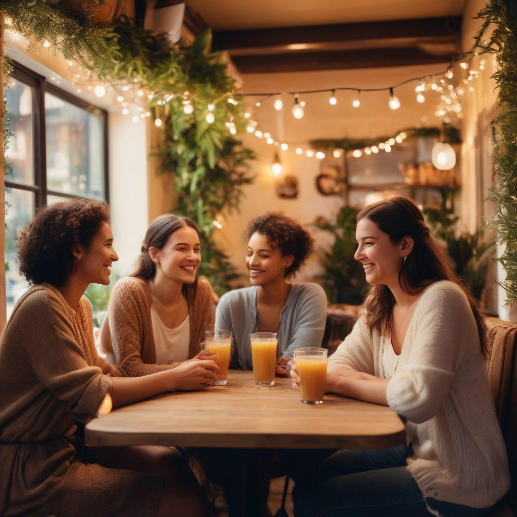 A warm and inviting scene featuring diverse groups of people engaged in deep conversation and laughter in a cozy café, surrounded by soft fairy lights. Their body language radiates affection and connection, with subtle gestures such as sharing a smile or a gentle touch. Include nature-inspired elements like potted plants to symbolize growth in relationships. The overall atmosphere is intimate and enchanting, evoking charm and allure. soft focus, warm colors, dreamy ambiance.
