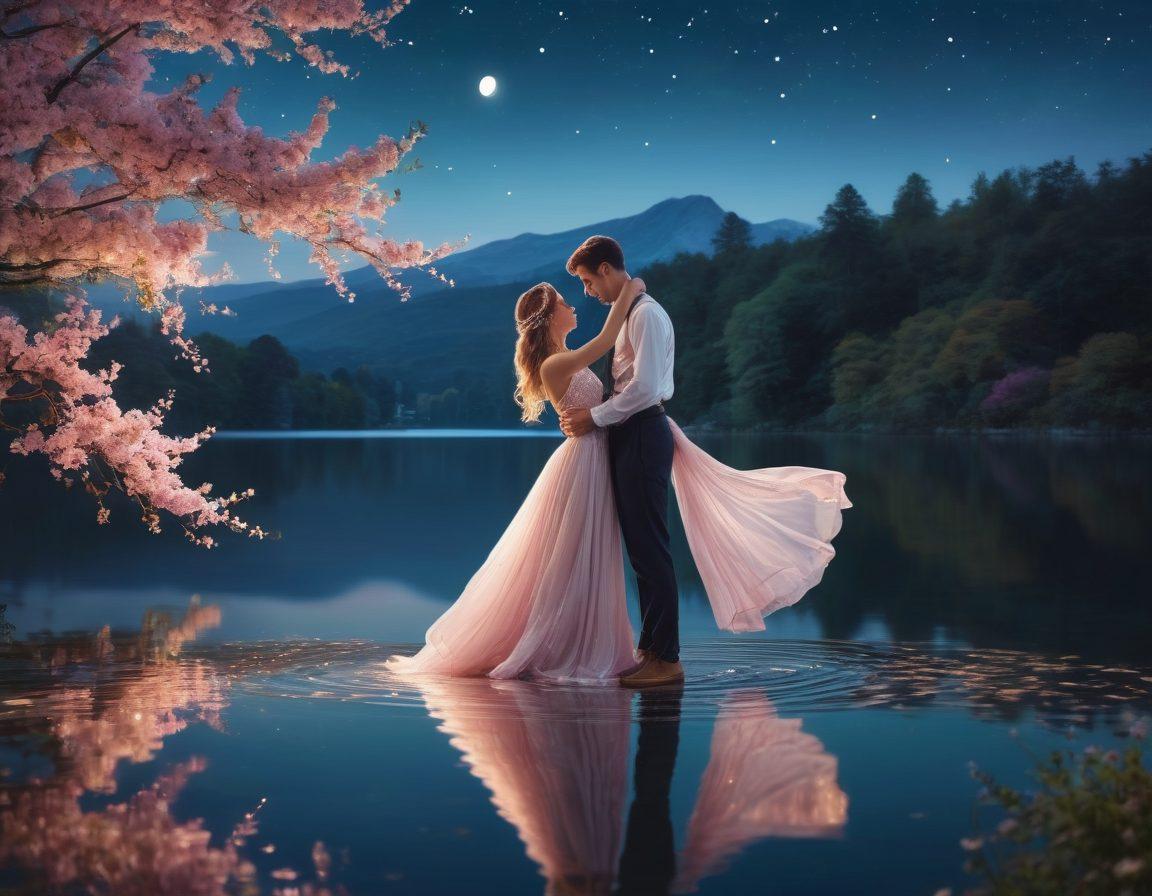 A visually enchanting scene capturing two elegantly dressed individuals in an intimate dance under a starlit sky. Soft, warm lighting enhances their expressions of joy and connection, with flowers and twinkling fairy lights around them to evoke a romantic ambiance. The background features a shimmering lake reflecting the moon, symbolizing deep companionship and serenity. pastel colors. dreamy atmosphere. super-realistic.