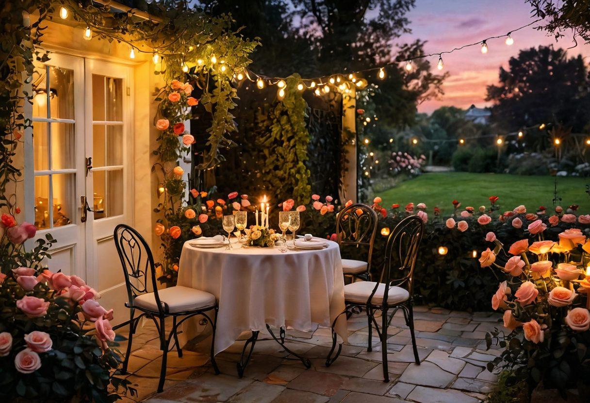 An enchanting scene depicting a beautifully set candlelit table for two in a romantic garden, adorned with blooming roses, twinkling fairy lights, and soft melodies in the air. A couple gazes into each other's eyes, their expressions filled with love and connection, while a soft sunset bathes the scene in golden hues. The atmosphere should feel magical, inviting viewers to immerse themselves in the experience of romance. super-realistic. warm colors. dreamy ambiance.